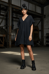 Black Ruffle Shirred V-Neck Short Sleeve Cotton Dress | Boutique In USA, Dresses, $ 57.00, A Moment Of Now™