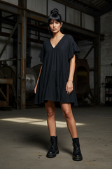 Black Ruffle Shirred V-Neck Short Sleeve Cotton Dress