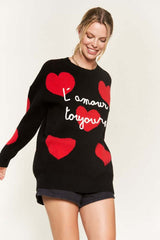 HEART PRINT OVERSIZED SWEATER DH5960D - Cozy Style, Sweaters, $ 65.00, A Moment Of Now™