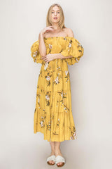 Mustard Floral Puff Sleeve Tiered Dress - Chic Elegance, Dresses, $ 55.00, A Moment Of Now™