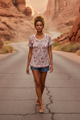 Rose Printed Slub Knit Ruffled Sleeves Top