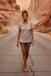 Rose Printed Slub Knit Ruffled Sleeves Top | Boutique In USA, Blouses, $ 39.00, A Moment Of Now™