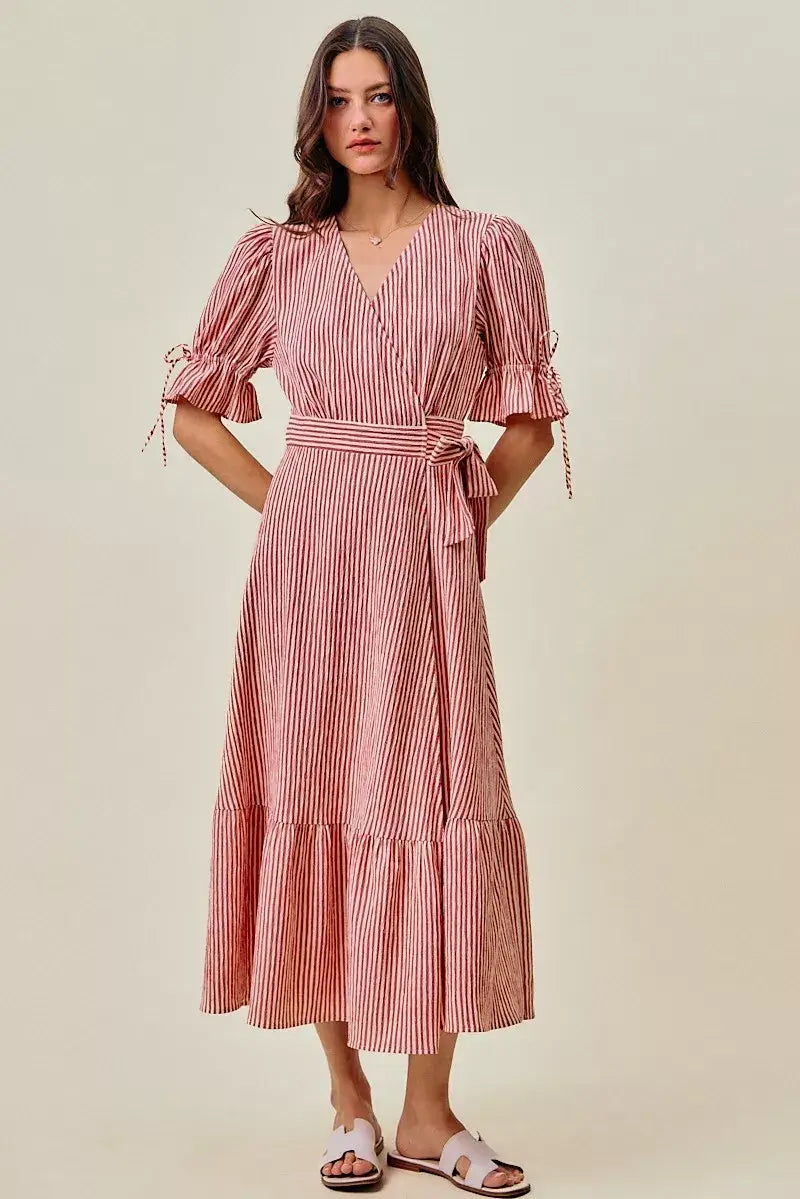 Red Stripe Textured Short Sleeves Lined Wrap Midi Dres | Boutique In USA, Dresses, $ 69.00, A Moment Of Now™