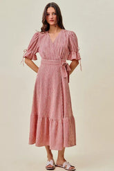 Red Stripe Textured Short Sleeves Lined Wrap Midi Dres | Boutique In USA, Dresses, $ 69.00, A Moment Of Now™