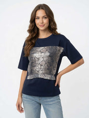 Blue Snake Print Sequin Panel Short Sleeve Top Blouse Style Peplum Hem | Boutique In USA, Blouses, $ 30.00, A Moment Of Now™
