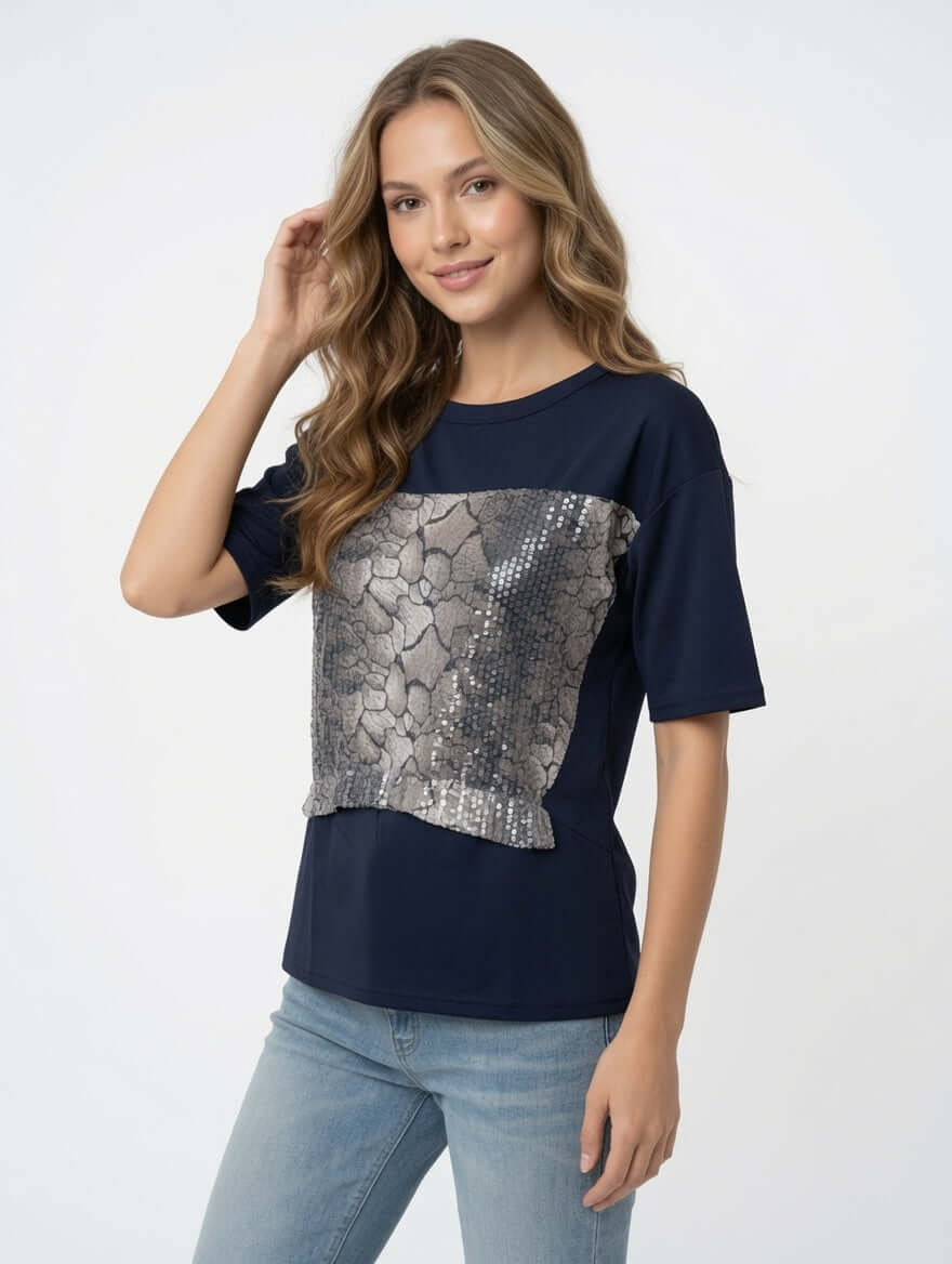 Blue Snake Print Sequin Panel Short Sleeve Top Blouse Style Peplum Hem | Boutique In USA, Blouses, $ 30.00, A Moment Of Now™