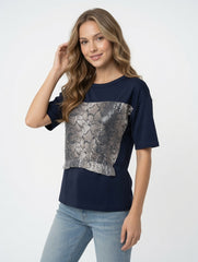 Blue Snake Print Sequin Panel Short Sleeve Top Blouse Style Peplum Hem
