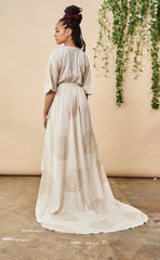 Peacock Feather Maxi Wrap Dress W/ Train in Cream + Gold | Boutique In USA, Wedding Dress, $ 425.00, A Moment Of Now™