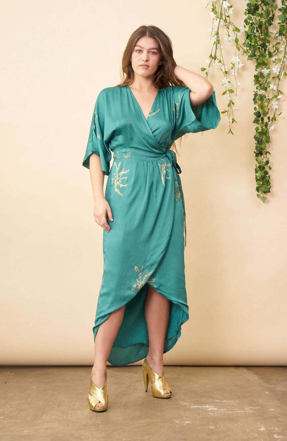 Cherry Blossom Maxi Wrap Dress in Emerald + Gold | Boutique In USA, Dresses, $ 180.00, A Moment Of Now™