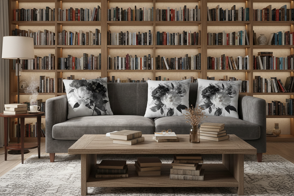Black and White Smoky Peony Throw Pillow Cushion Cover + Insert | Boutique In USA, Throw Pillows, $ 55.00, A Moment Of Now™