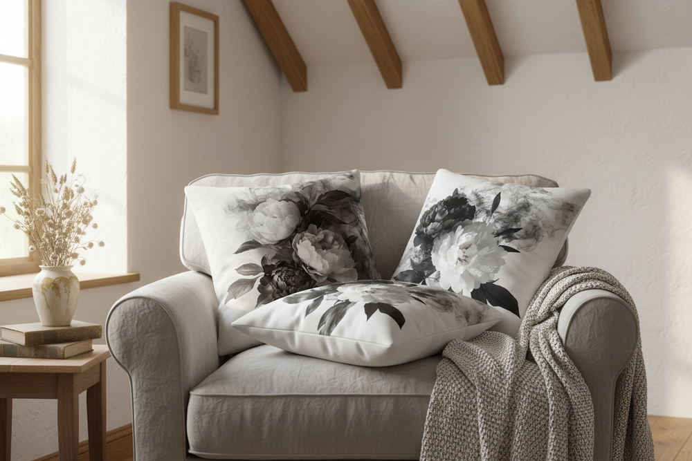Black and White Smoky Peony Throw Pillow Cushion Cover + Insert | Boutique In USA, Throw Pillows, $ 55.00, A Moment Of Now™