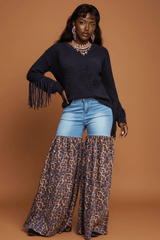 Distressed Light Denim Animal Print Palazzo Wide Leg Jeans