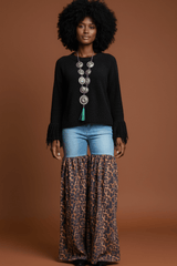 Distressed Light Denim Animal Print Palazzo Wide Leg Jeans