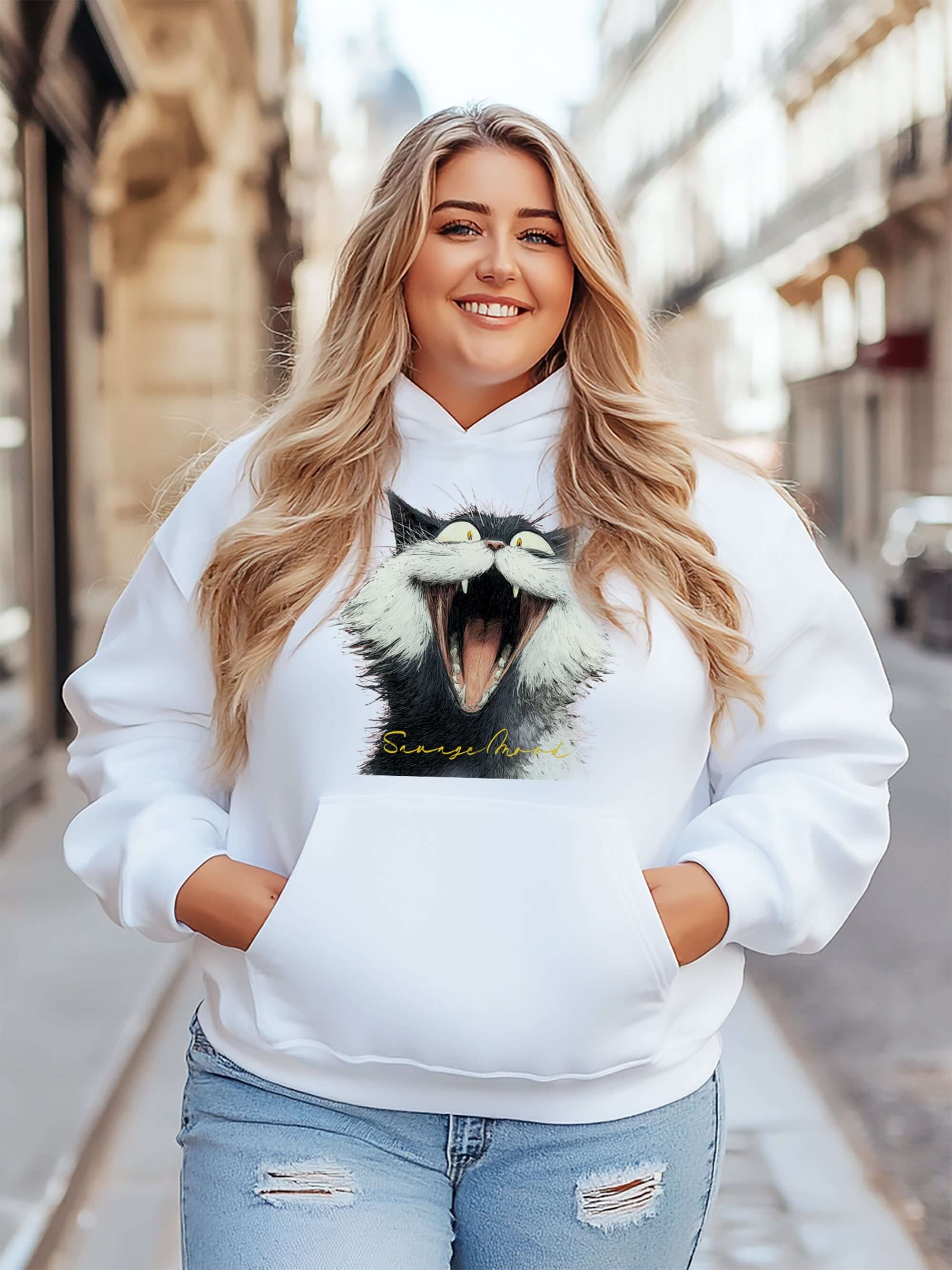 Savage Cat Vibes Hoodie - Bold Graphic Streetwear, Hoodies, $ 48.00, A Moment Of Now™