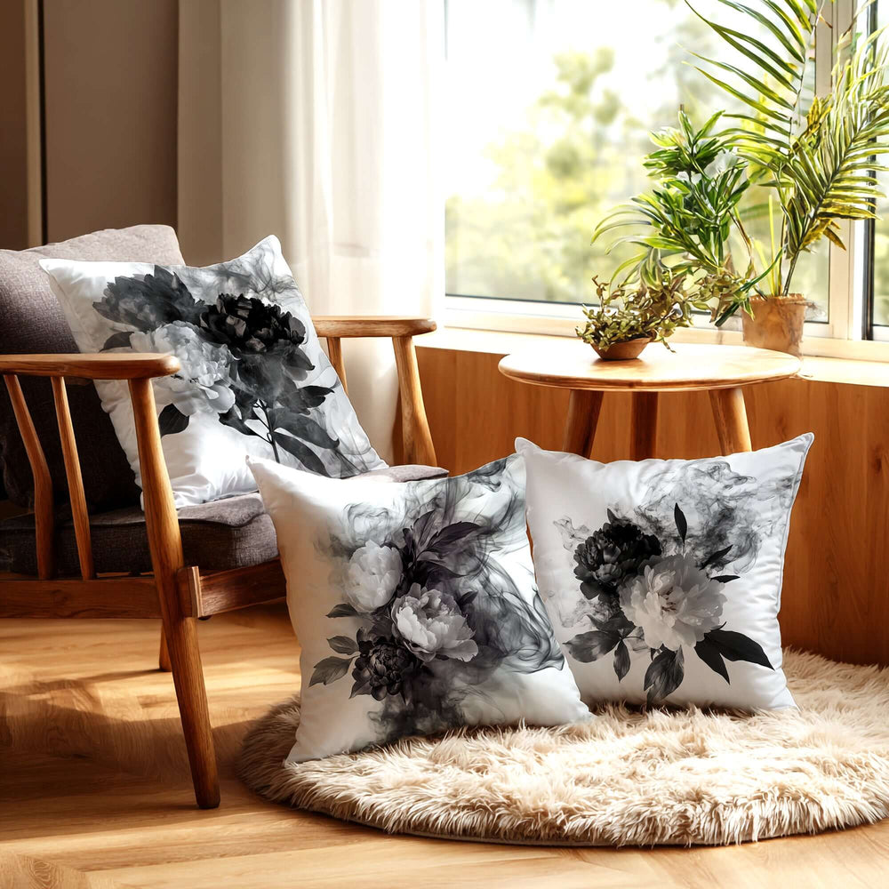 Black and White Smokey Peonies Throw Pillow Cushion, Throw Pillows, $ 55.00, A Moment Of Now™