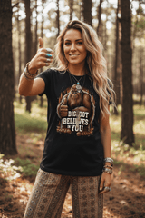 Bigfoot Believes in You Graphic T-Shirt – Funny Sasquatch Thumbs Up Tee