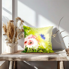 Watercolor Pink Daisy & Blue Fairy Butterfly Throw Pillow Accent Cushion