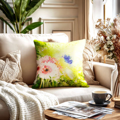 Watercolor Pink Daisy & Blue Fairy Butterfly Throw Pillow Accent Cushion