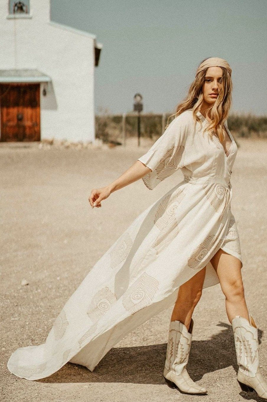 Peacock Feather Maxi Wrap Dress W/ Train in Cream + Gold | Boutique In USA, Wedding Dress, $ 425.00, A Moment Of Now™