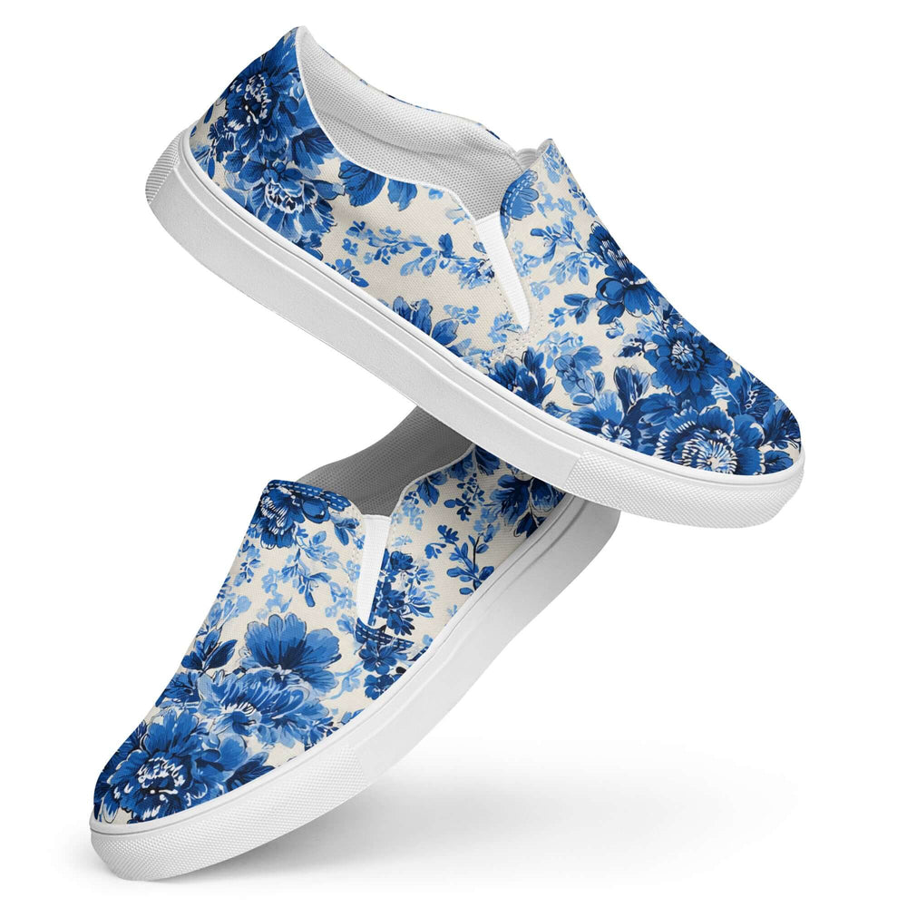 Blue & White Floral Chinoiserie Slip-On Canvas Sneakers | Elegant Pattern Casual Shoes | Boutique In USA, Sneakers, $ 70.00, A Moment Of Now™