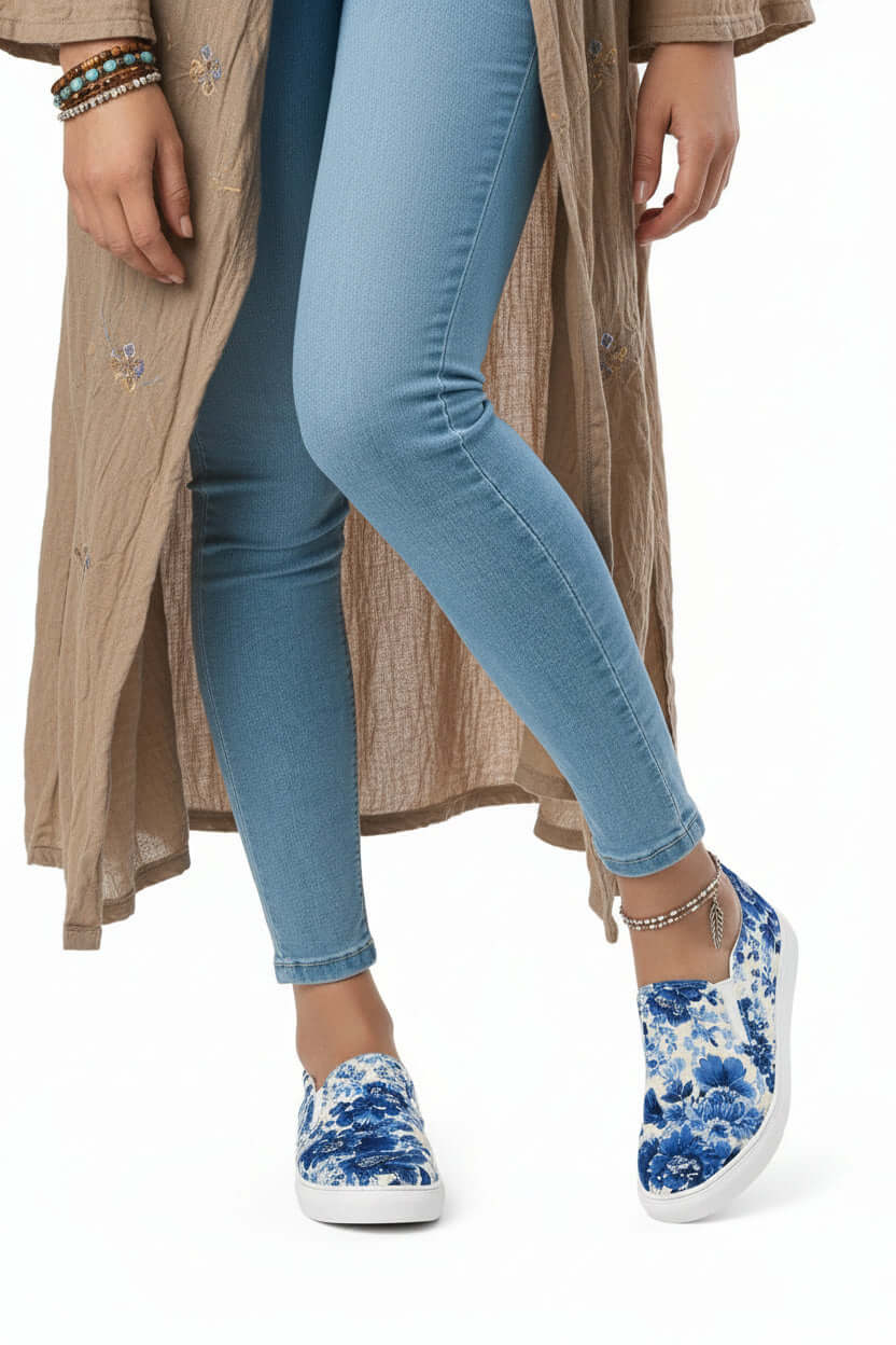 Blue & White Floral Chinoiserie Slip-On Canvas Sneakers | Elegant Pattern Casual Shoes | Boutique In USA, Sneakers, $ 70.00, A Moment Of Now™
