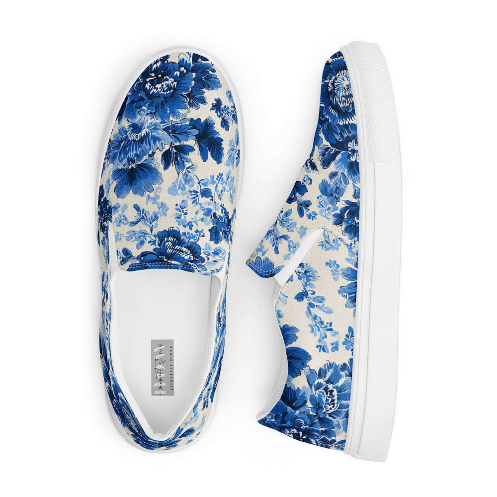 Blue & White Floral Chinoiserie Slip-On Canvas Sneakers | Elegant Pattern Casual Shoes | Boutique In USA, Sneakers, $ 70.00, A Moment Of Now™