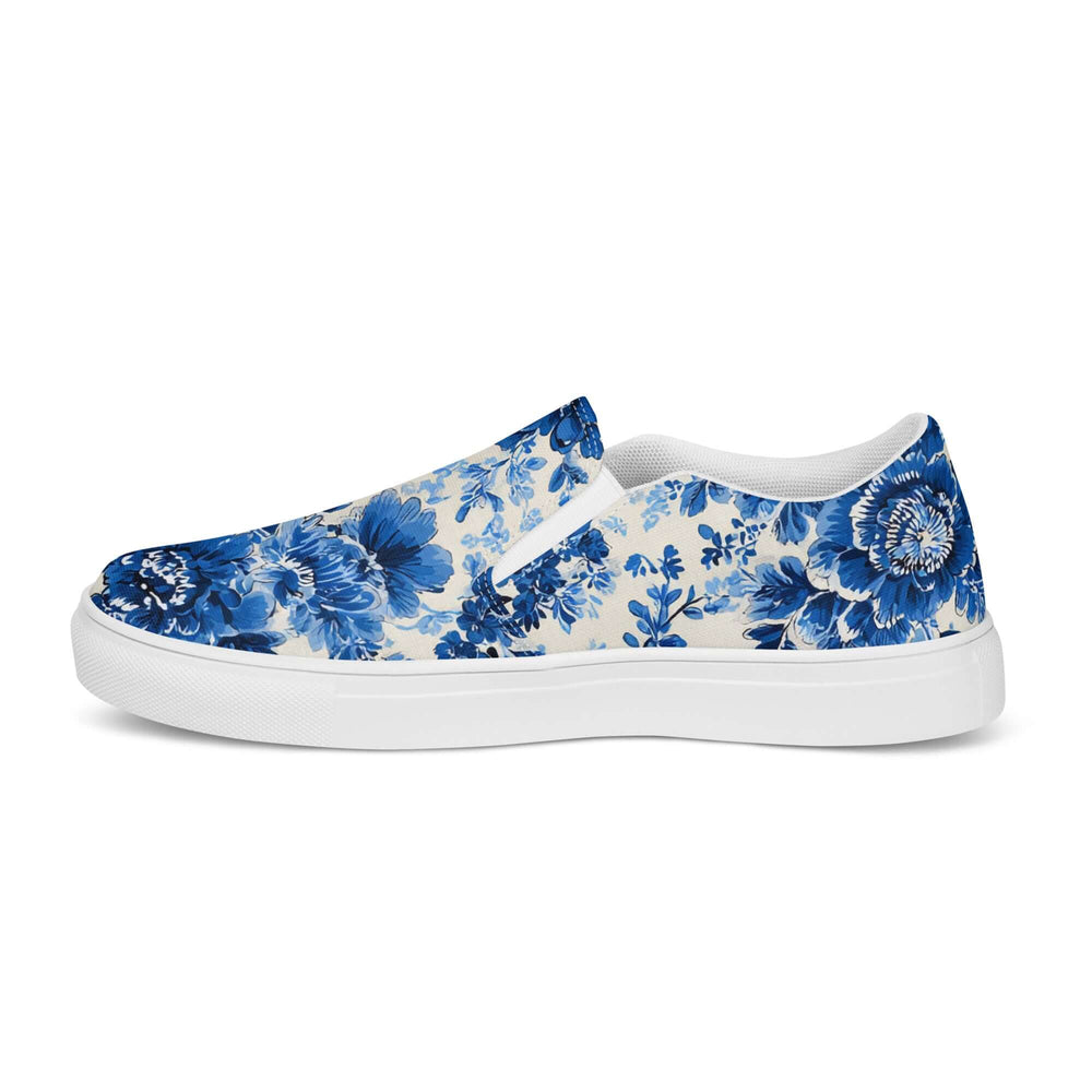 Blue & White Floral Chinoiserie Slip-On Canvas Sneakers | Elegant Pattern Casual Shoes | Boutique In USA, Sneakers, $ 70.00, A Moment Of Now™
