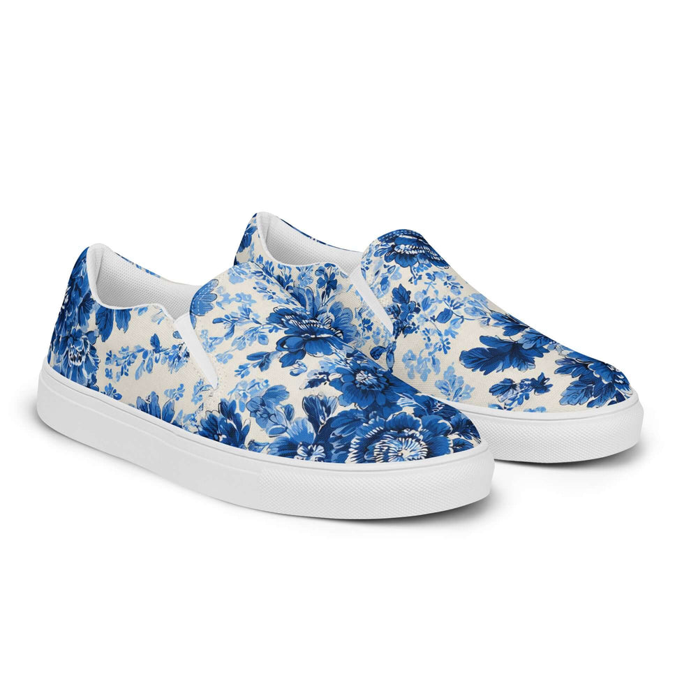 Blue & White Floral Chinoiserie Slip-On Canvas Sneakers | Elegant Pattern Casual Shoes | Boutique In USA, Sneakers, $ 70.00, A Moment Of Now™