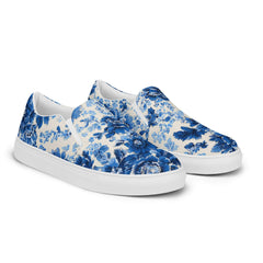 Blue & White Floral Chinoiserie Slip-On Canvas Sneakers | Elegant Pattern Casual Shoes | Boutique In USA, Sneakers, $ 70.00, A Moment Of Now™