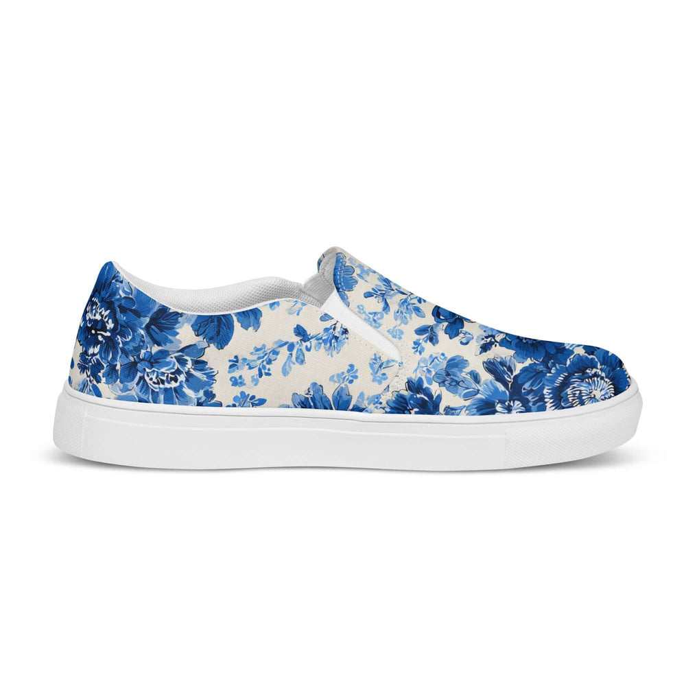 Blue & White Floral Chinoiserie Slip-On Canvas Sneakers | Elegant Pattern Casual Shoes | Boutique In USA, Sneakers, $ 70.00, A Moment Of Now™