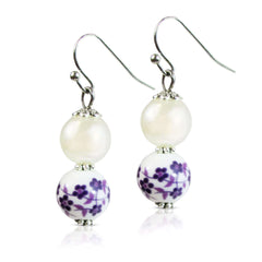 Purple Flower & Simulated Pearl Beaded Dangle Earrings, Earrings, $ 18.95, A Moment Of Now™