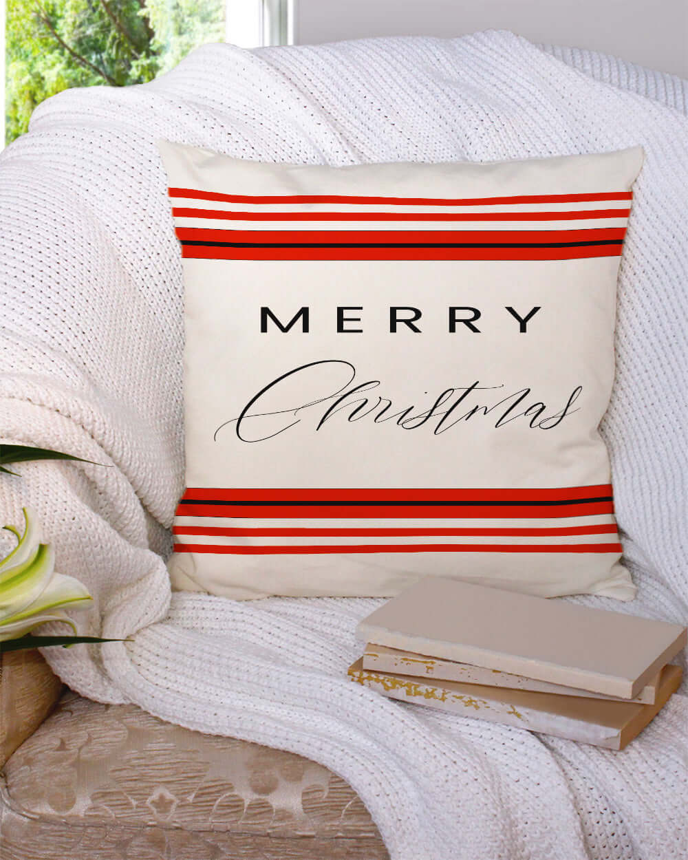 Festive Merry Christmas Holiday Text Graphic with Red Strips Premium Decorative Throw Pillow Accent Cushion, Throw Pillows, $ 55.00, A Moment Of Now™