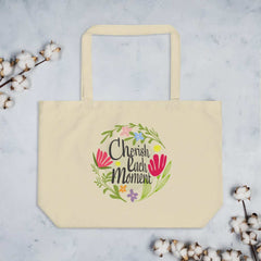 Cherish Each Moment Spring flowers Hygge Lifestyle Inspirational Quote Large Organic Tote Bag, Bags - Shopping bags, $ 29.00, A Moment Of Now™