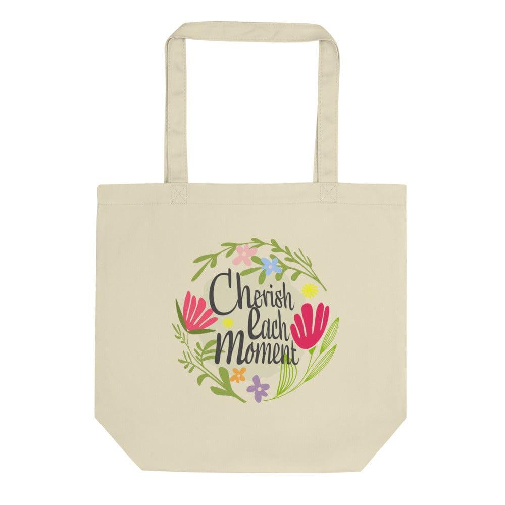 Cherish Each Moment Spring flowers Hygge Lifestyle Inspirational Quote Organic Eco Tote Bag, Bags - Shopping bags, $ 27.00, A Moment Of Now™