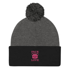 Face Of Cat Kitty Love 3D Puff Embroidered Pom Pom Knit Beanie, Hats, $ 27.50, A Moment Of Now™
