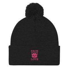 Face Of Cat Kitty Love 3D Puff Embroidered Pom Pom Knit Beanie, Hats, $ 27.50, A Moment Of Now™