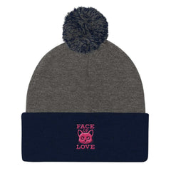 Face Of Cat Kitty Love 3D Puff Embroidered Pom Pom Knit Beanie, Hats, $ 27.50, A Moment Of Now™
