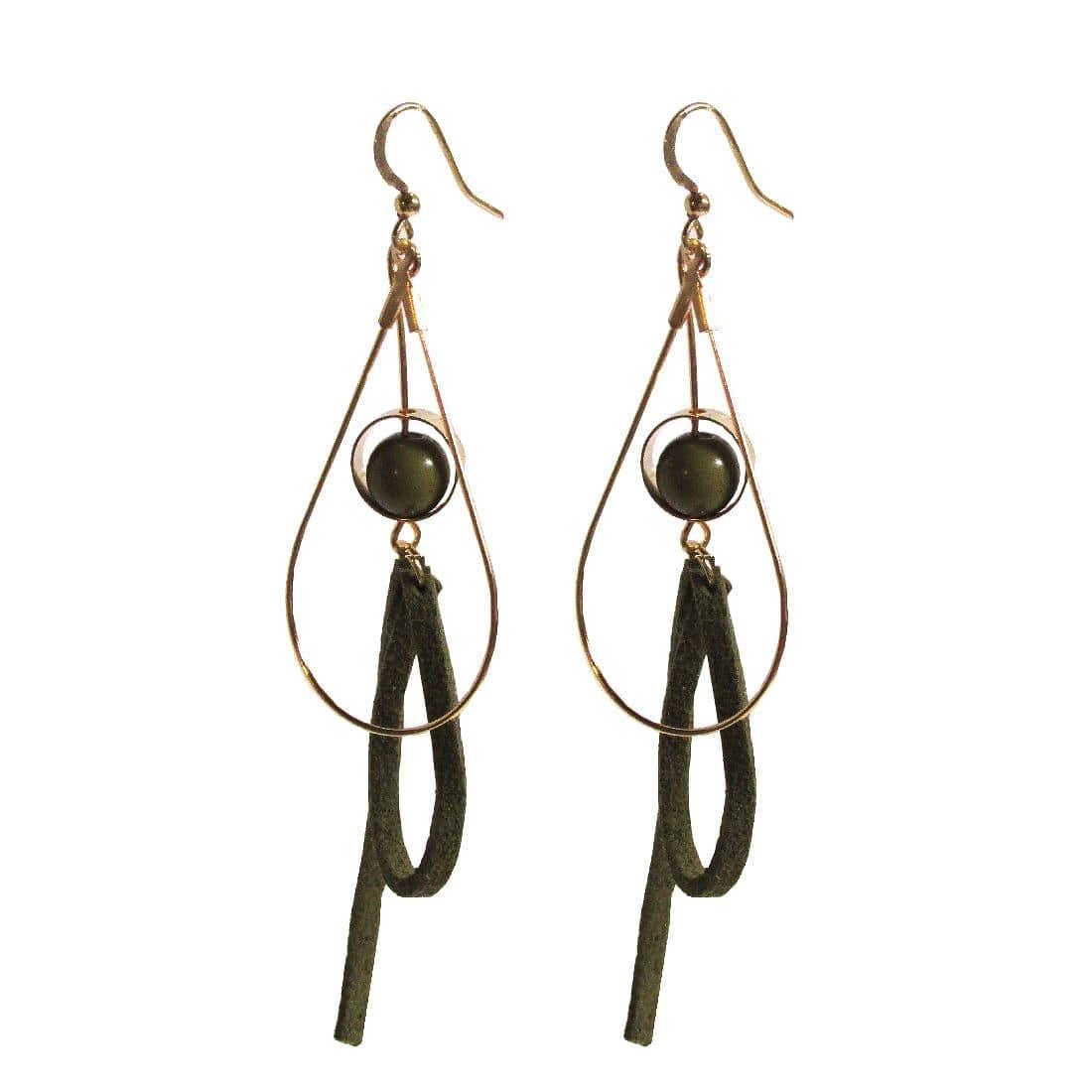 Gold-tone Green Leather Dangle Earrings with Beads, Earrings, $ 4.99, A Moment Of Now™