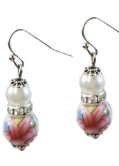 Women's Vintage Inspired Stacked Red Floral Decal Faux Pearl Drops Earrings, Earrings, $ 19.95, A Moment Of Now™