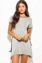 Women’s Grey Short Sleeve Lace Up Long Hippie Boho Long T-Shirt Dress, Tops, $ 10.95, A Moment Of Now™