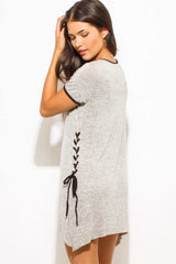 Women’s Grey Short Sleeve Lace Up Long Hippie Boho Long T-Shirt Dress, Tops, $ 10.95, A Moment Of Now™