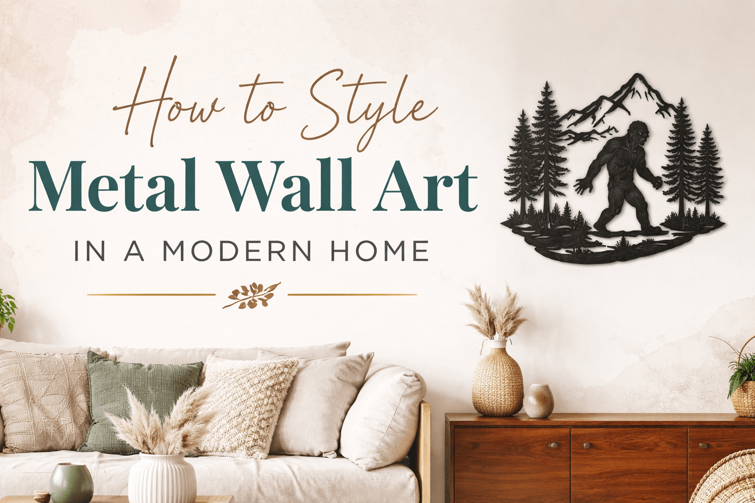 Modern interior styled with metal wall art and soft neutral home decor