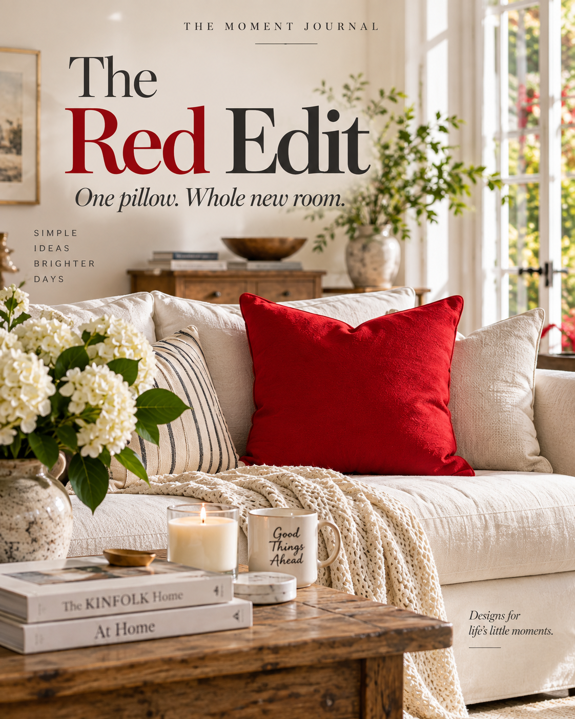 Fire engine red throw pillow styled as a bold accent in a neutral room