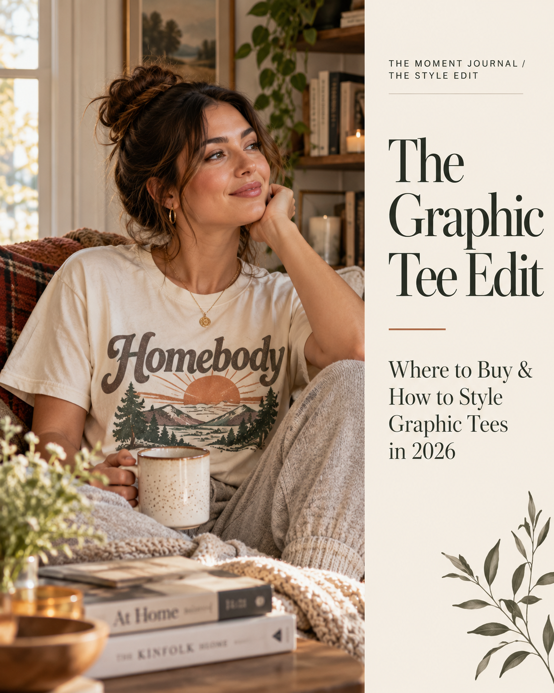 Homebody vintage-inspired graphic T-shirt photographed in a lifestyle scene, cover of The Graphic Tee Edit 2026 styling guide