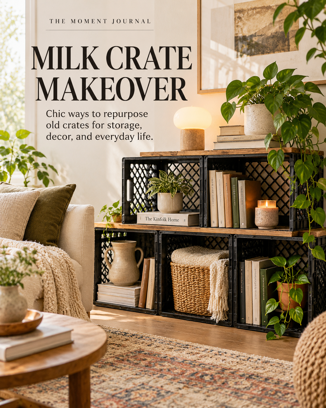 Milk Crate Makeover original editorial cover with black milk crate shelving in a cozy neutral living room