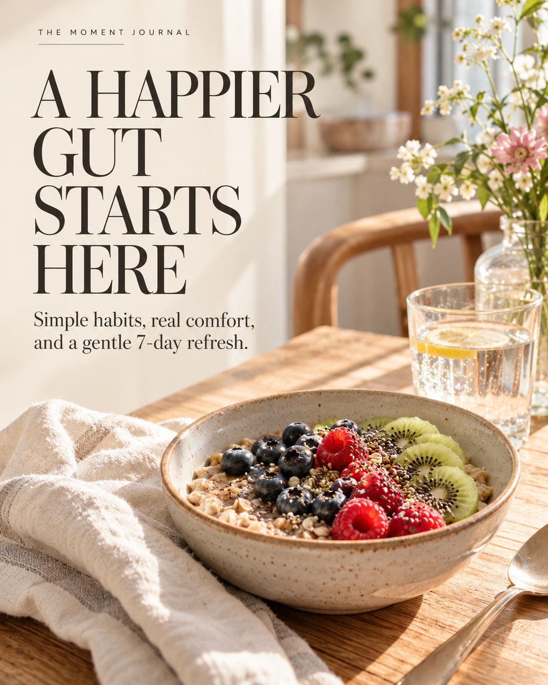 A Happier Gut Starts Here editorial cover, with colorful berries and oatmeal on a sunlit breakfast table