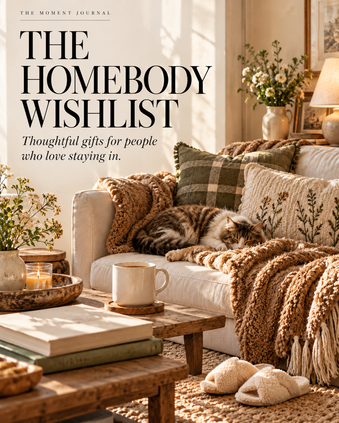 The Homebody Wishlist editorial cover with cozy living room, sleeping cat and realistic slippers