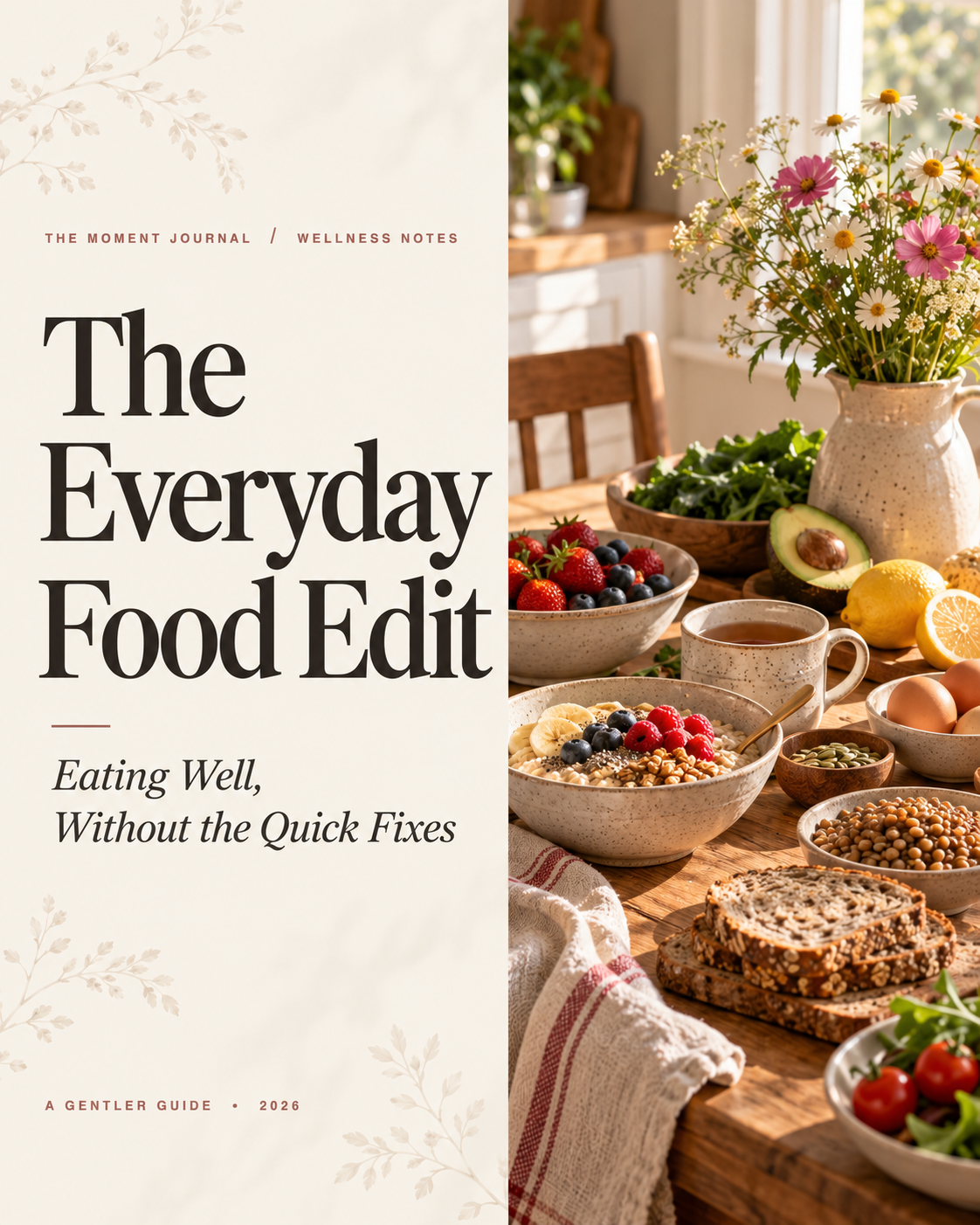 The Everyday Food Edit — Eating Well Without the Quick Fixes, 4:5 magazine cover with oats, fruit, vegetables and legumes