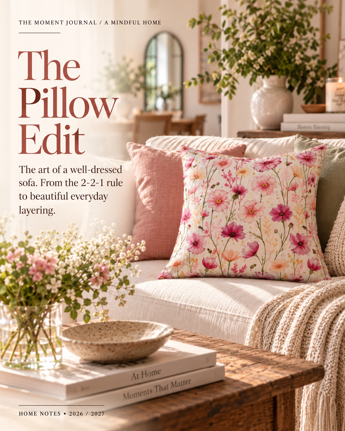 The Pillow Edit — The art of a well-dressed sofa, 2-2-1 rule and styling ideas, 4:5 magazine cover featuring Wildflower Blush