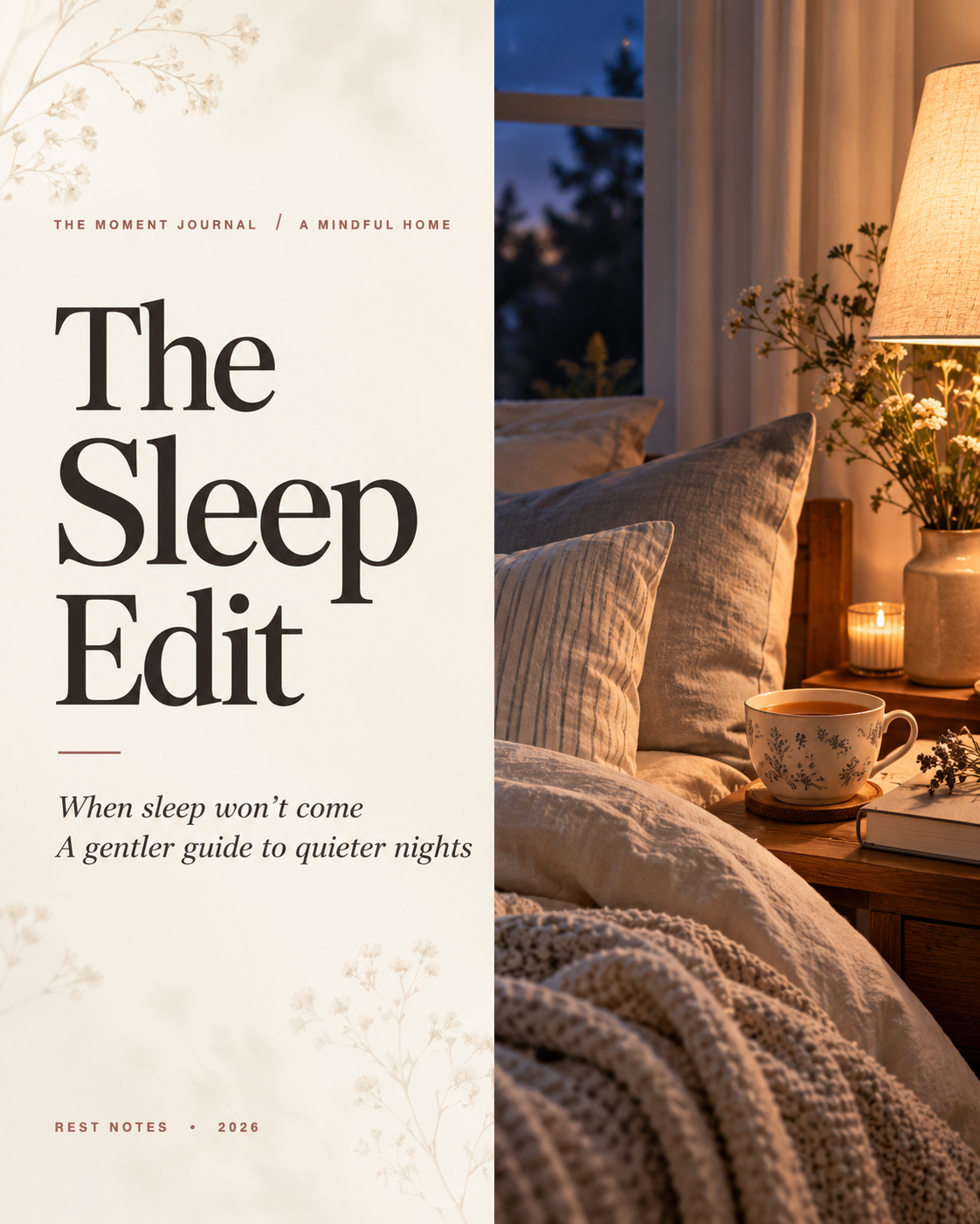 The Sleep Edit: When Sleep Won't Come — A gentler guide to quieter nights, 4:5 magazine cover with cozy bedroom and tea